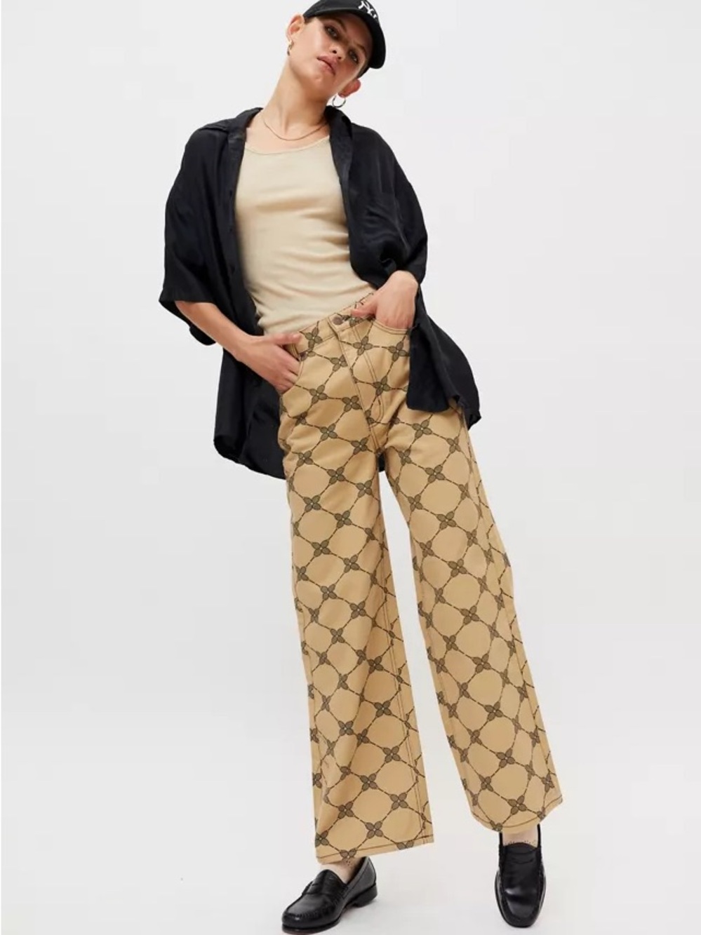 Wide-Leg Patterned Pants in Beige